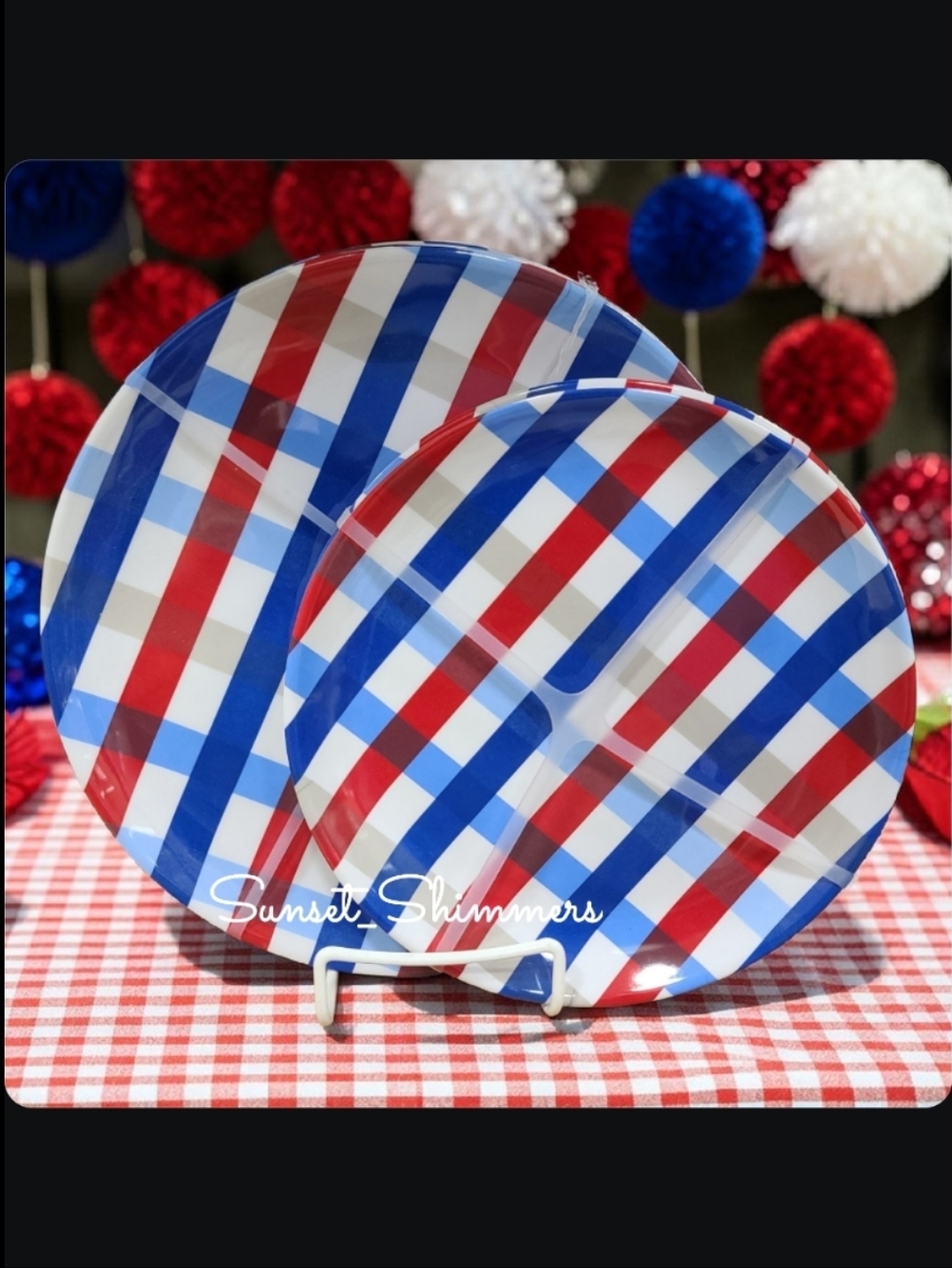 8pc Americana Red White Blue Picnic Plaid Melamine Dinner & Salad Plate Set New